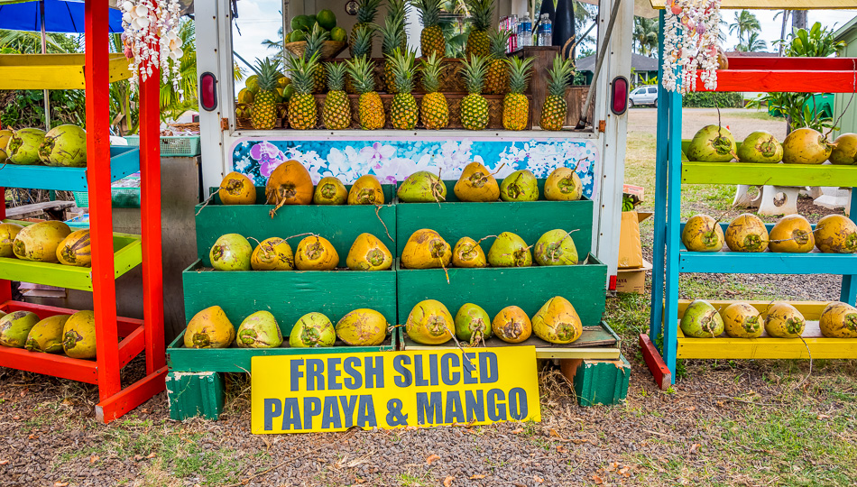 Big Island Farmers Market with Pineapples, Coconuts, Fresh Sliced Papaya & Mango Sign