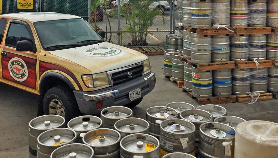 Kona Brewing Company tour truck and beer kegs