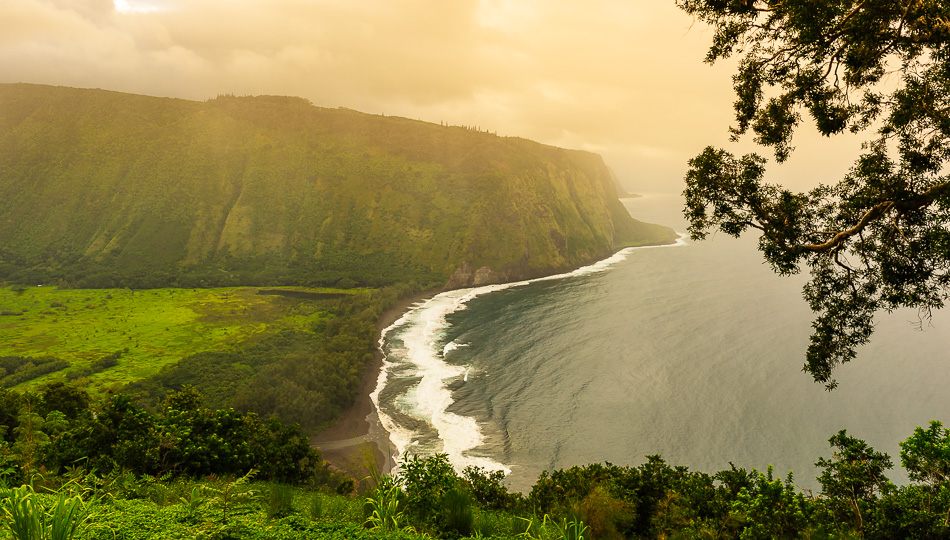 View of the Waipio Valley Black Sand Beach from above