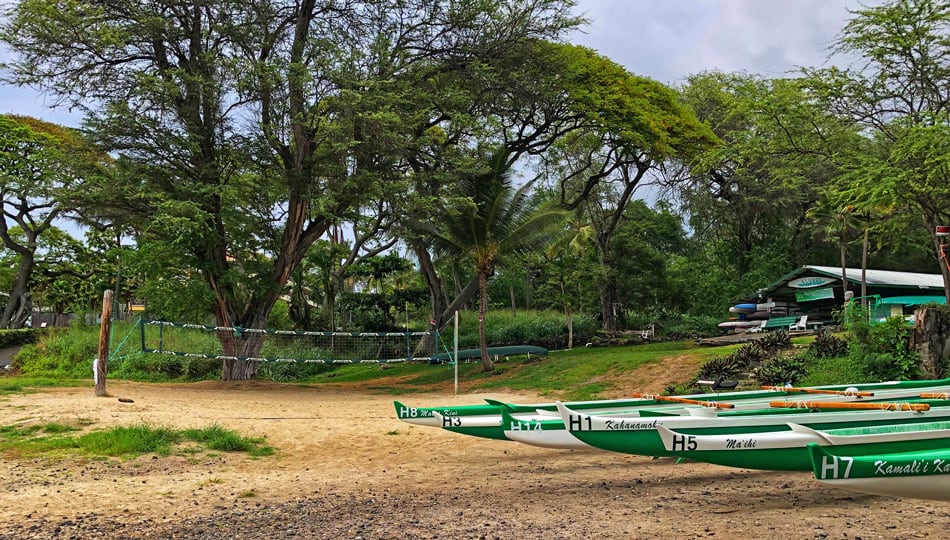 Keauhou Bay canoes and volley ball net