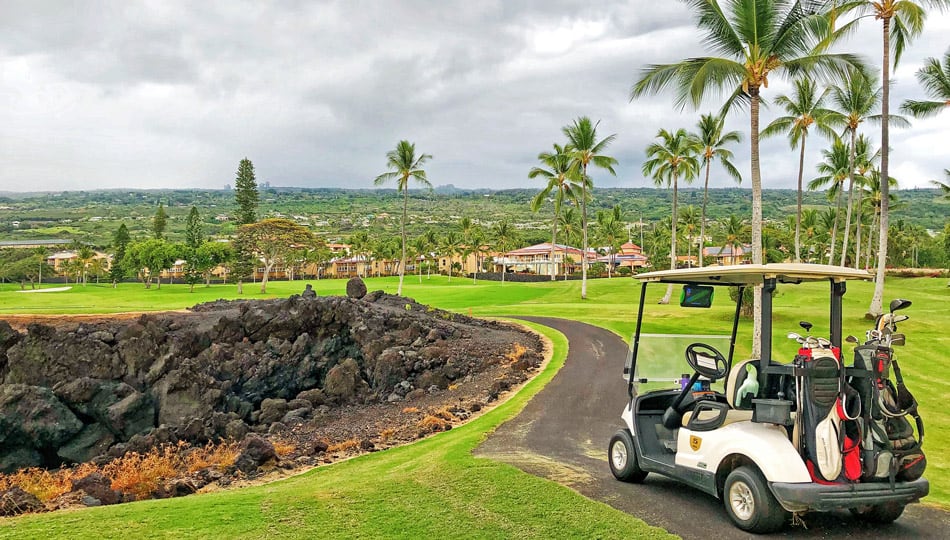 Kona Country Club golf cart and view on the Ocean Golf Course