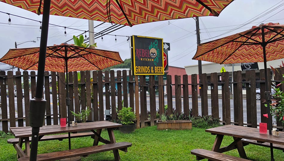 Rebel Kitchen Outdoor Picnic Tables and Sign