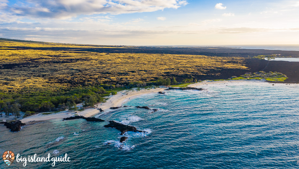 Aerial View of the three large crescent shaped beach sections at Makalawena Beach.