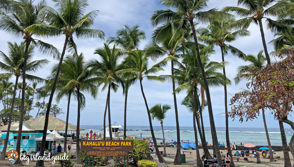 Kahaluu Beach park sign and beach front