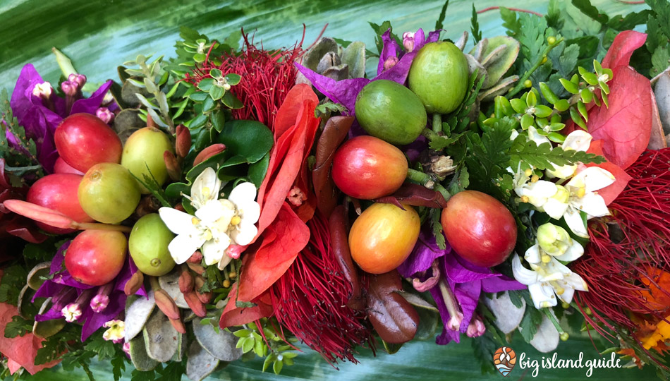 handmade leis including flower and various parts of the Kona Coffee plant